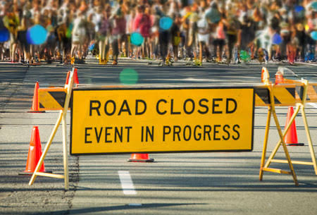 Road closed for event, traffic control in progress