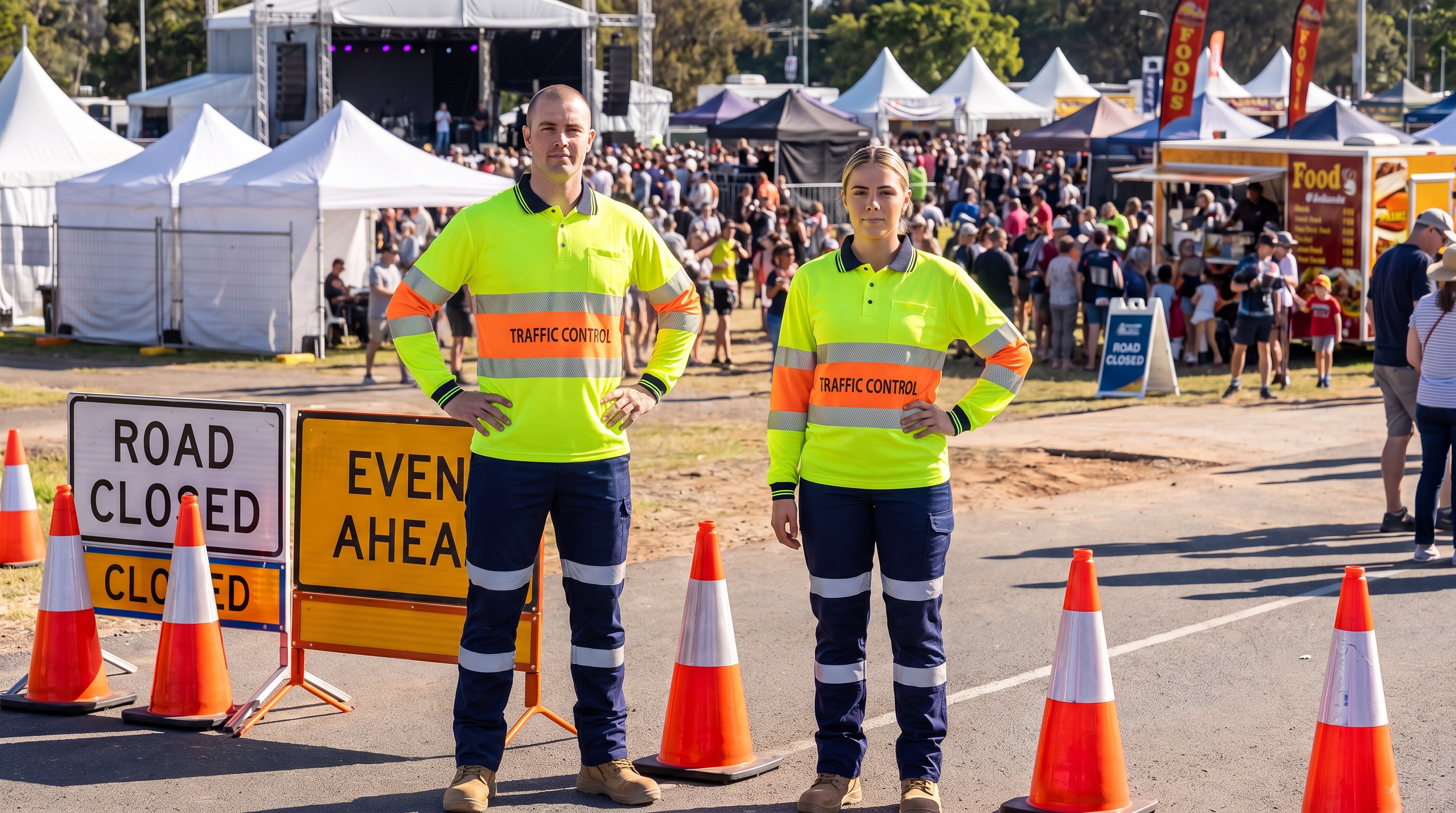 Two traffic controllers at a festival road closure