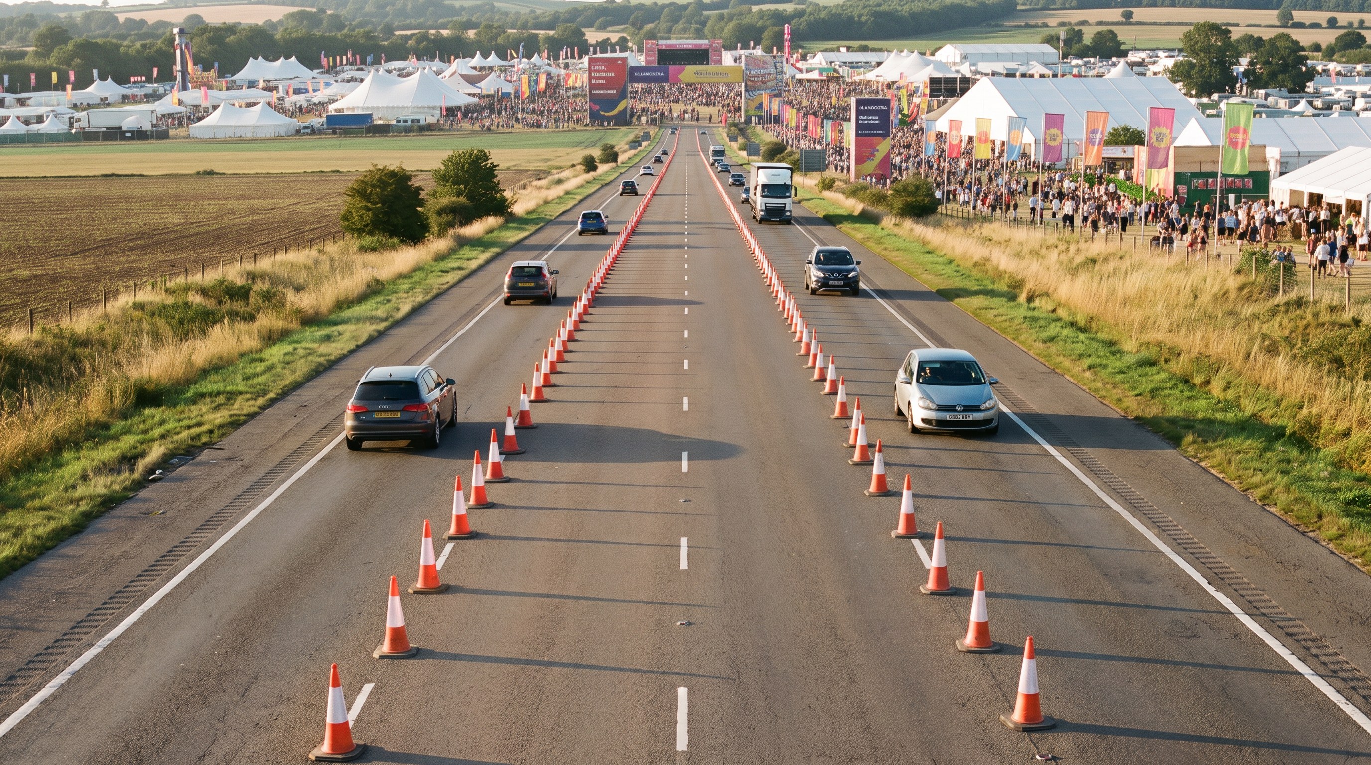 Cone-lined road managed for festival traffic